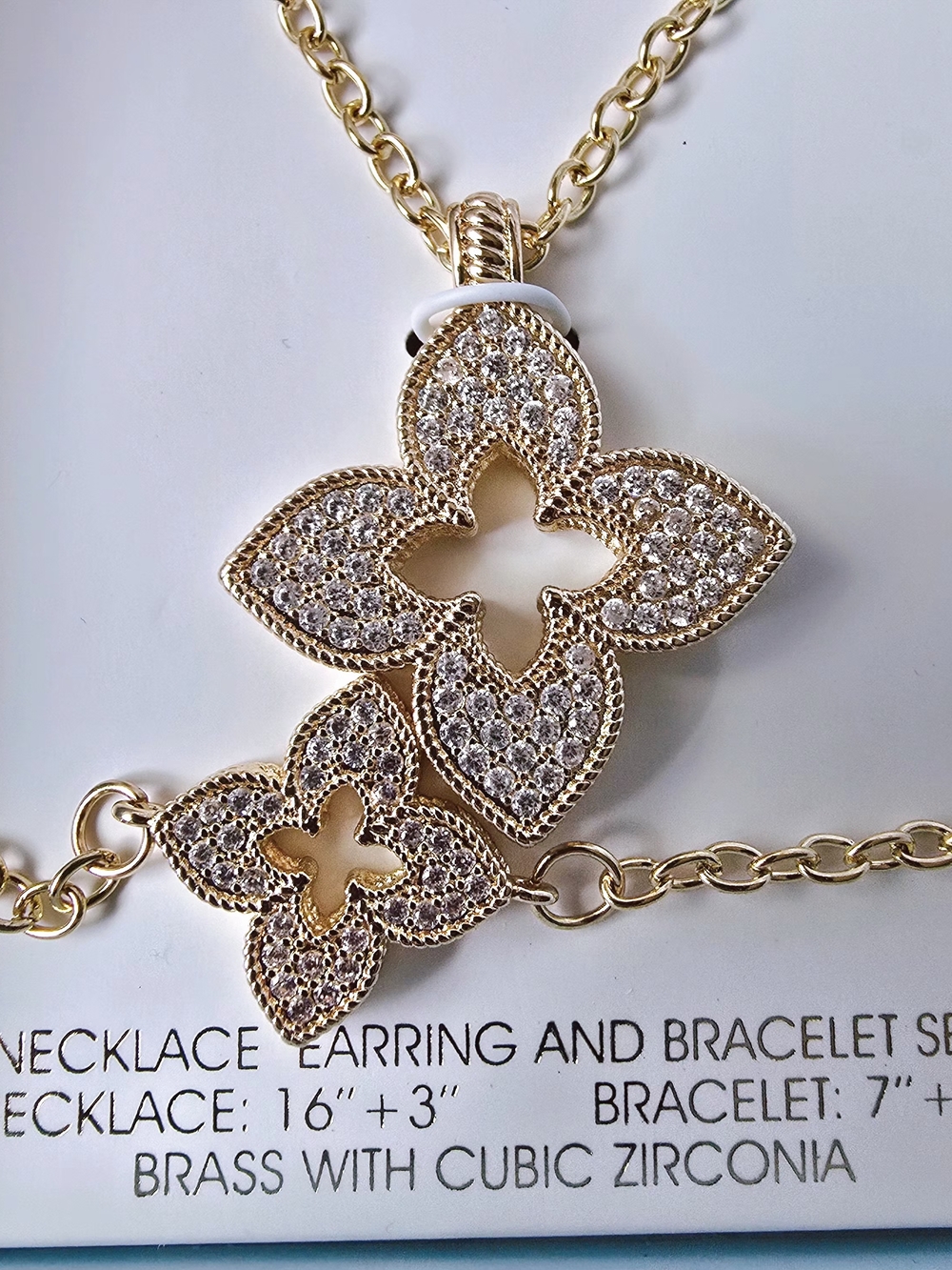 nOir Jewelry Gold Cubic Zirconia Floral Necklace, Bracelet & Earring Clover‎ Set - Picture 5 of 5